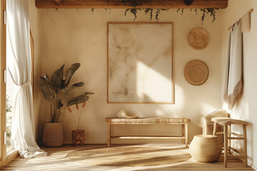 Mockup frame in a boho nomadic interior background with rural decorations