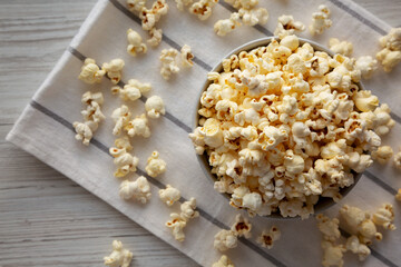 White Buttered Popcorn with Salt in a Bowl, top view.