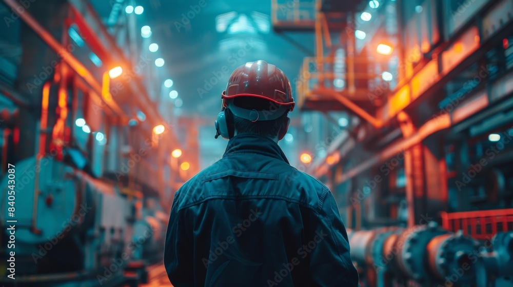 Poster an engineer checking machines and equipment in a factory wearing a helmet. manufacturing and enginee