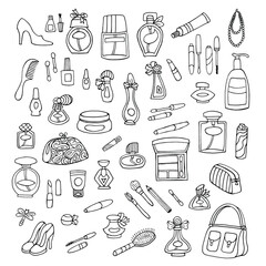 Hand drawn Cosmetic tools, woman's accessories. Beauty and fashion items doodle sketch. Black and white outline illustration.