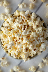White Buttered Popcorn with Salt in a Bowl, top view.