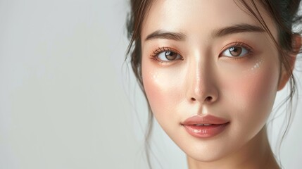Fototapeta premium Stunning Asian woman portrait with generative AI on a white background. Face care, Facial treatment, Cosmetology, beauty and spa.