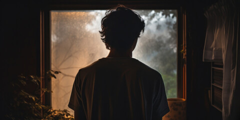 Naklejka premium Man Silhouette Contemplating Nature Through Window At Dusk. Moment Of Person Solitude. Generative AI