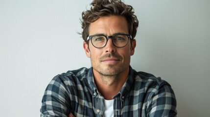 Obraz premium On a white background, a man wears glasses and crosses his arms