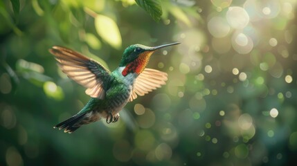Naklejka premium Stunning hummingbird in flight, vibrant colors, realistic, forest bokeh, sunlight dappling, high-res, professional shot.