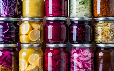 A vibrant collection of assorted fermented foods displayed in clear glass jars, featuring a...