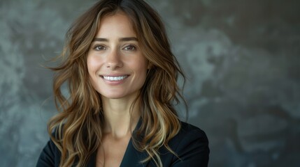 The portrait shows a smiling professional businesswoman against a studio backdrop