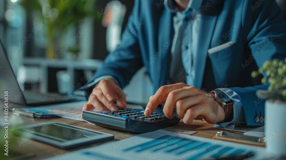 Aufkleber accounting is used in business when a businessman uses a calculator to calculate figures.