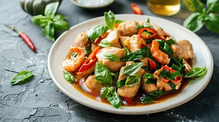 Thai stir-fry dish, served hot and garnished with fresh herbs, on a white plate