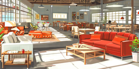 Furniture Warehouse Clearance: Furniture showroom with sofas, beds, and dining sets, featuring Warehouse Clearance Sale and Unbeatable Prices signs