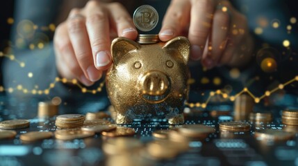 Hand dropping coins into a piggy bank with scattered coins in the background and digital financial symbols on a graph overlay