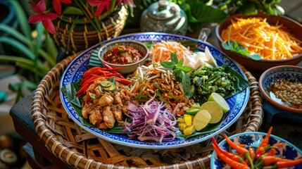 Fototapeta premium Traditional Thai cuisine, served on a plate with vibrant colors and fresh ingredients