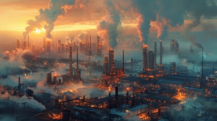 A distillery sits in an industrial neighborhood with overcast skies and a sunrise. Storage tanks for oil and natural gas are used in the refining industry. generative artificial intelligence is used