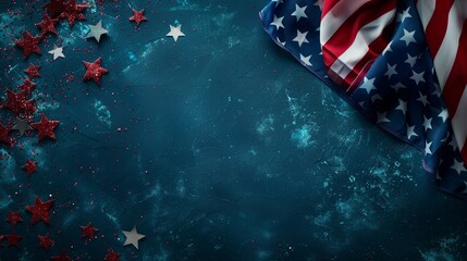 US Independence Day concept. Top view photo of empty space with blue, white and red glitter stars and american flag on blue isolated background with copy-space