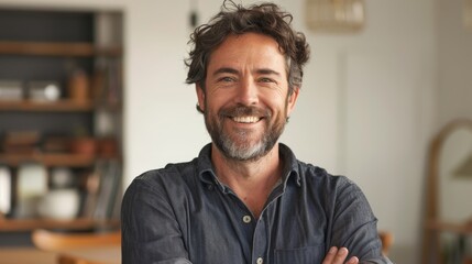 Obraz premium An generative AI portrait of a smiling man with crossed arms on a white background