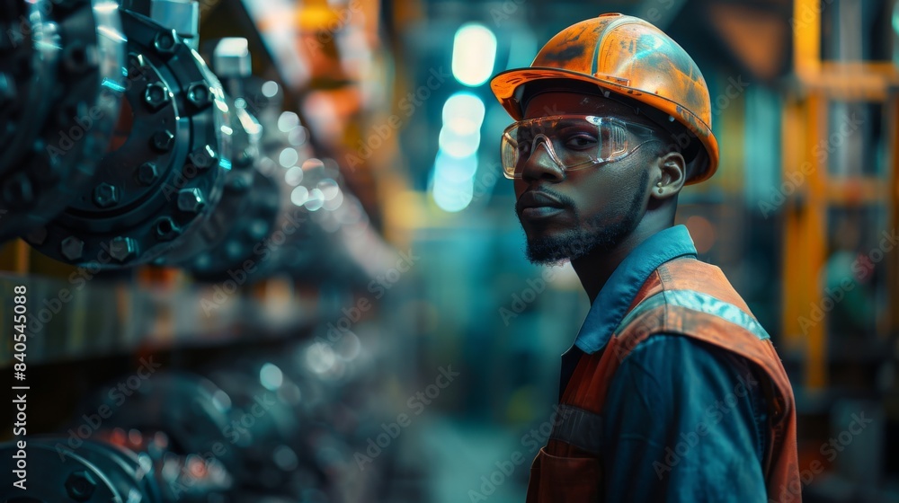 Poster an american engineer works in a factory. generative artificial intelligence