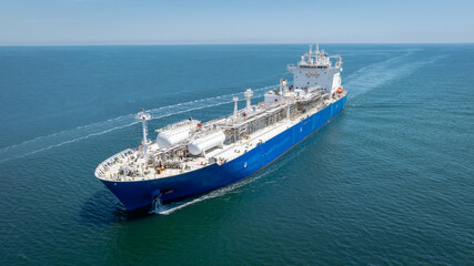 Aerial view of LPG gas ship. Gas carrier, gas tanker sailing in ocean