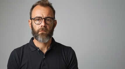 Obraz premium Studio of a serious bearded man wearing a black polo shirt on a white background. With short hair and spectacles. Generative artificial intelligence.