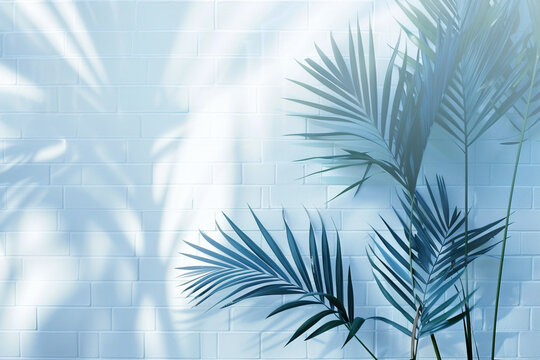 Abstract summer background with palm leafs and brick wall
