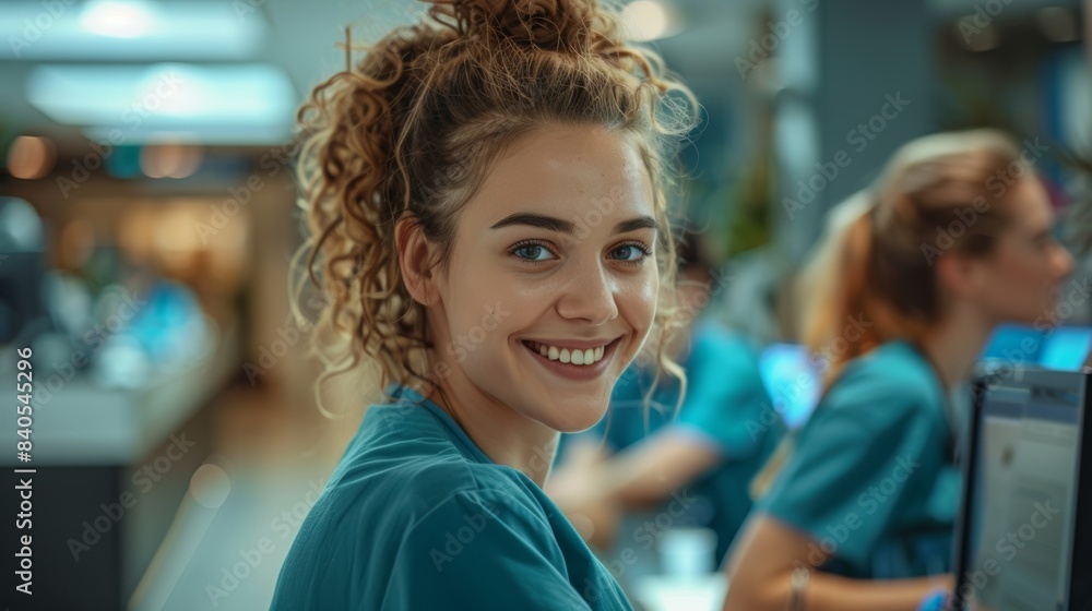 Poster health care workers concepts - smiling receptionists working at a hospital with computers and lookin