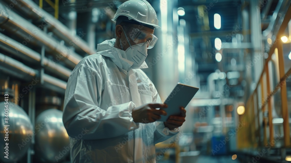 Poster workers and engineers inspect and check production processes on factory stations with tablet compute