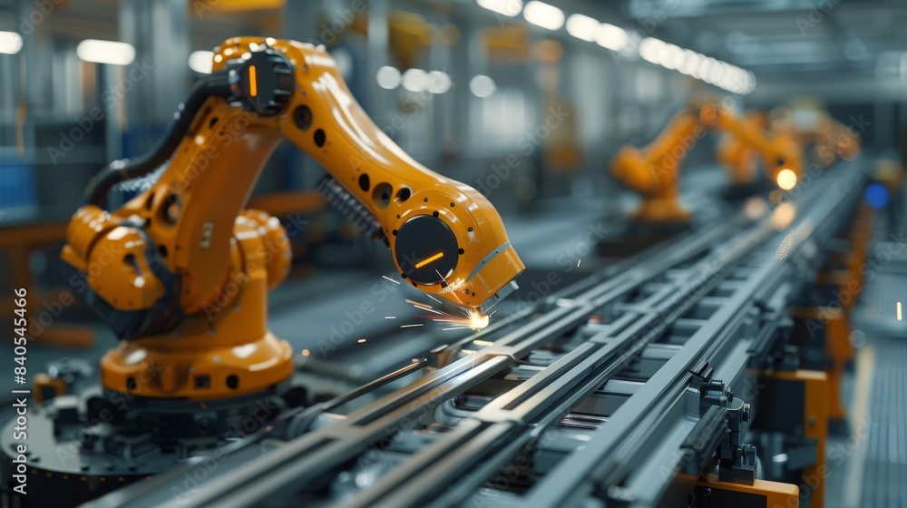 Poster an industrial robotic arm system with software connected to an internet network to control welding r