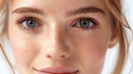 Fototapeta premium Beauty Woman Face Portrait. Beautiful Spa Model Girl with Perfect Fresh Clean Skin. Blonde female smiling at camera. Youth and Skin Care Concept. Isolated on white.