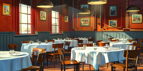 Restaurant Dining Specials: Restaurant setting with tables set for dining, showcasing menu items with Limited Time Discounts and Special Offers for Groups.