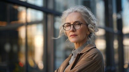Fototapeta premium There is a portrait of a businessman and an elderly woman outside. The elderly woman is a serious and confident leader. The male manager in the portrait is urban, experienced, and confident. That's