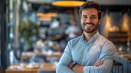Fototapeta premium Businessman standing in conference room with arms folded looking at camera. Portrait of a smiling businessman in modern office.
