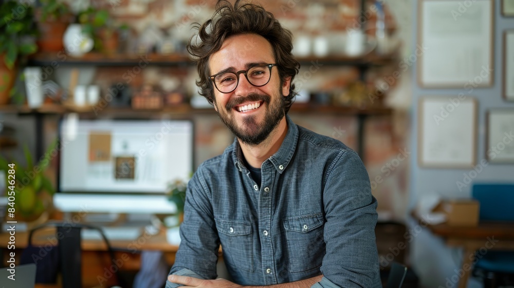 Poster using a computer to market, he smiles and poses for a portrait