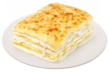 prato com lasanha de queijo gratinado isolado em fundo transparente - lasanha 4 queijos