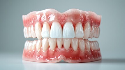 Obraz premium In studio teeth whitening with a model woman on a gray background. Dentist.