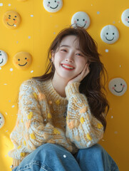 Fototapeta premium An illustration of young Asian woman with sleek straight hair is smiling with a beautiful smile while posing in an attractive pose, with cute smiling emojis at the background.