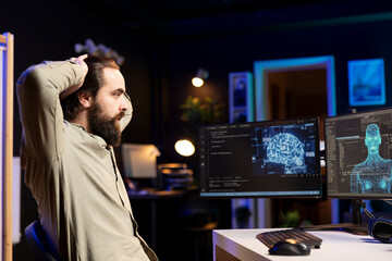 Artificial intelligence entity with anthropomorphic body escaping control of creator, shocking...