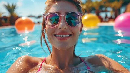 Naklejka premium During summer time, a woman wears sunglasses at a colorful pool party