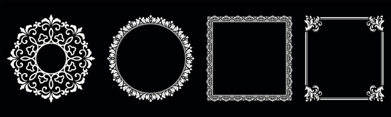 Set of decorative frames Elegant vector element for design in Eastern style, place for text. Floral black and white borders. Lace illustration for invitations and greeting cards.