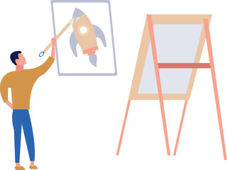 The boy is painting a rocket.