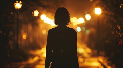 An image of a young woman walking home alone at night, scared of stalkers and assault, a concept of insecurity