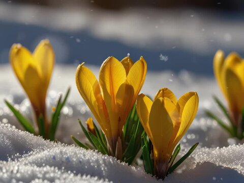 Blurred background with first spring flowers of yellow crocus on snow in nature in sunlight macro close-up 