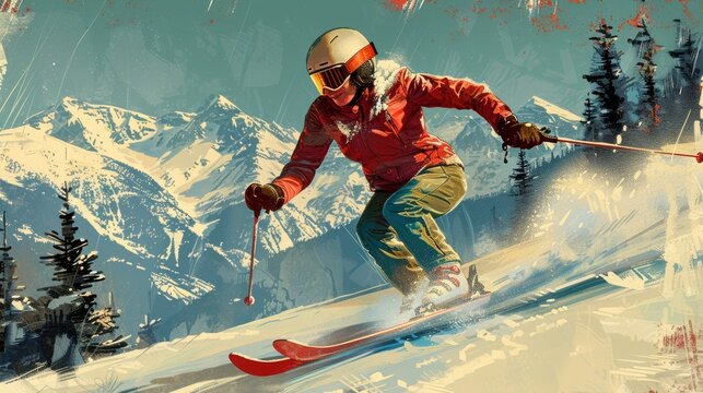 Pop art poster of a woman skiing at a ski resort from the 1950s