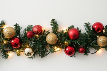 Realistic photograph of a complete Christmas garlands,solid stark white background, focused lighting