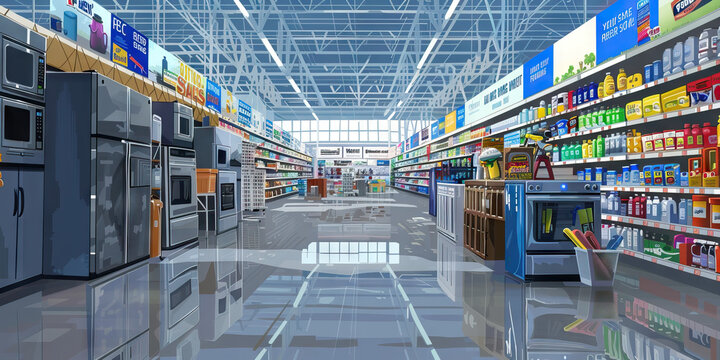 Home Improvement Spectacular: Home improvement store with aisles of discounted appliances, tools, and furniture, showcasing Big Sale Event signage