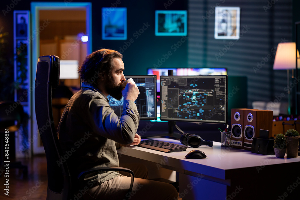 Poster software developer drinking coffee, watching ai on screen gaining humanoid form and consciousness. c