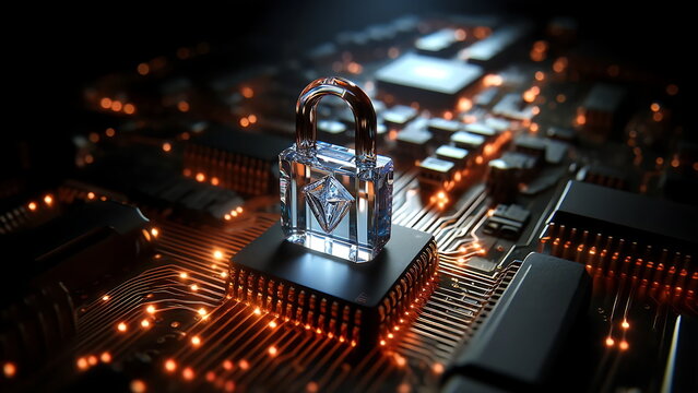 Secure Microchip Technology, High-Tech Cybersecurity Concept with Digital Padlock