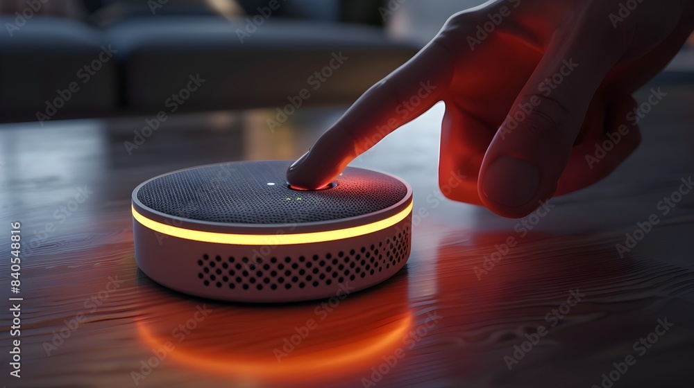 Aufkleber detailed 3d render of a hand pressing a smart home device button to activate voice commands