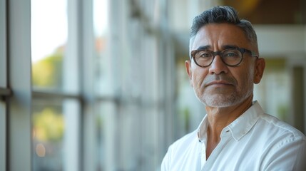 Obraz premium Gentle 45-year-old aboriginal Australian man wearing glasses, formal slick hairstyle, smooth face, standing by a wall of glass in a modern office building.