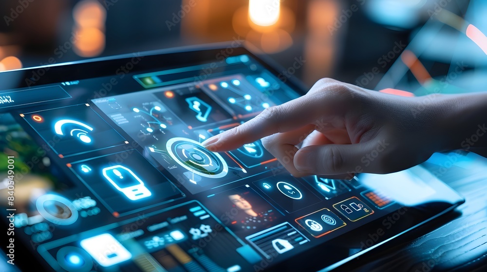 Poster hand using tablet to monitor and control smart home security systems