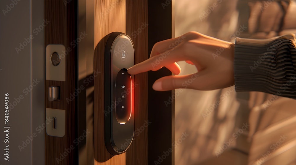 Aufkleber hand pressing smart door lock button showcasing keyless entry and advanced security features