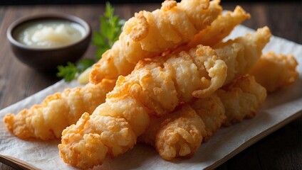 Golden-brown battered fish fillets served on a white parchment paper, paired with tartar sauce, showcasing a crispy texture and classic presentation.